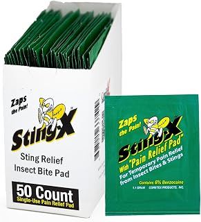 CoreTex Sting X Insect Sting Relief Wipes - Pack of 50 Single-Use Pain Relief Pads Containing 6% Benzocaine - Relieves Discomfort from Bees, Wasps, Hornets, Mosquito Bites, & More