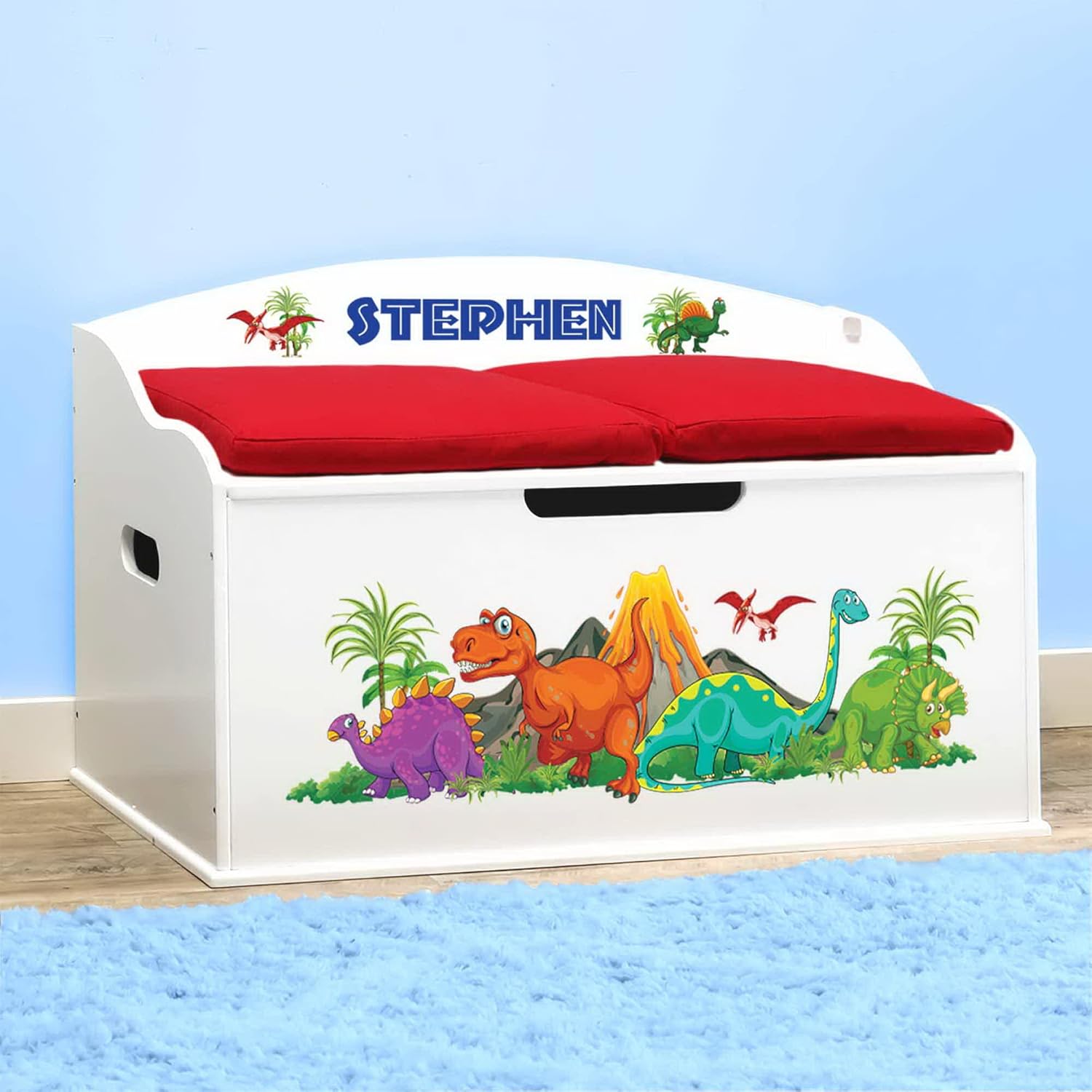 DIBSIES Personalized Creative Wonders Toy Box, Dinosaurs, 30 x 19.25 x 18 inches, Soft-Close Lid (Blue)