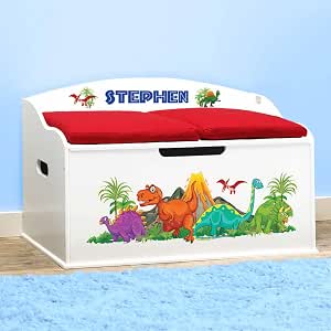DIBSIES Personalized Creative Wonders Toy Box, Dinosaurs, 30 x 19.25 x 18 inches, Soft-Close Lid (White)