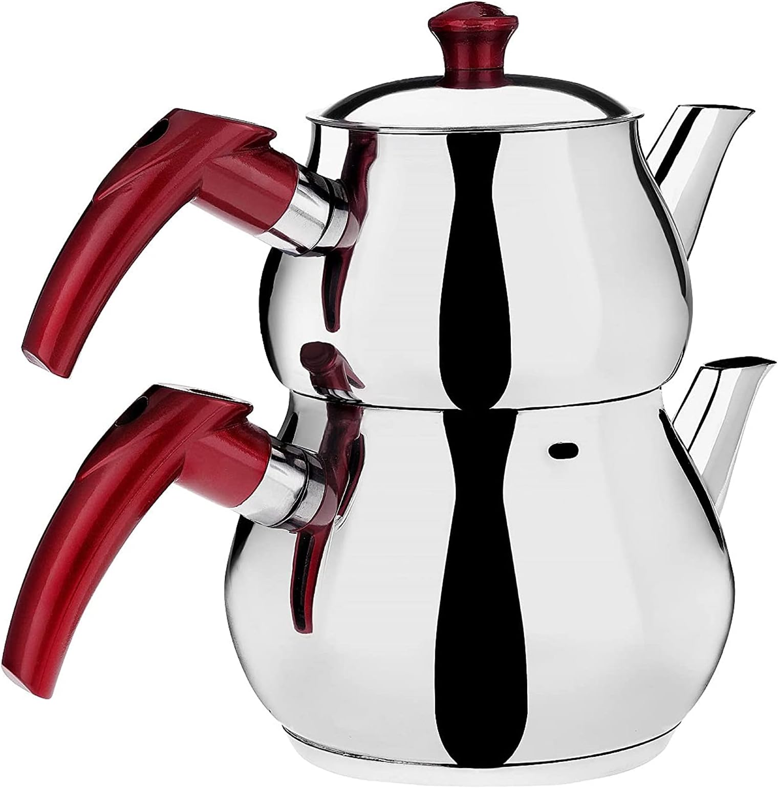 DESTALYA Turkish Teapot Set, Stainless Steel Double Tea Pots for Stove Top, Tea Maker with Handle, Samovar Style Self-Strained Tea Kettle, Water Heater Warmer (Mini with Red Handles)