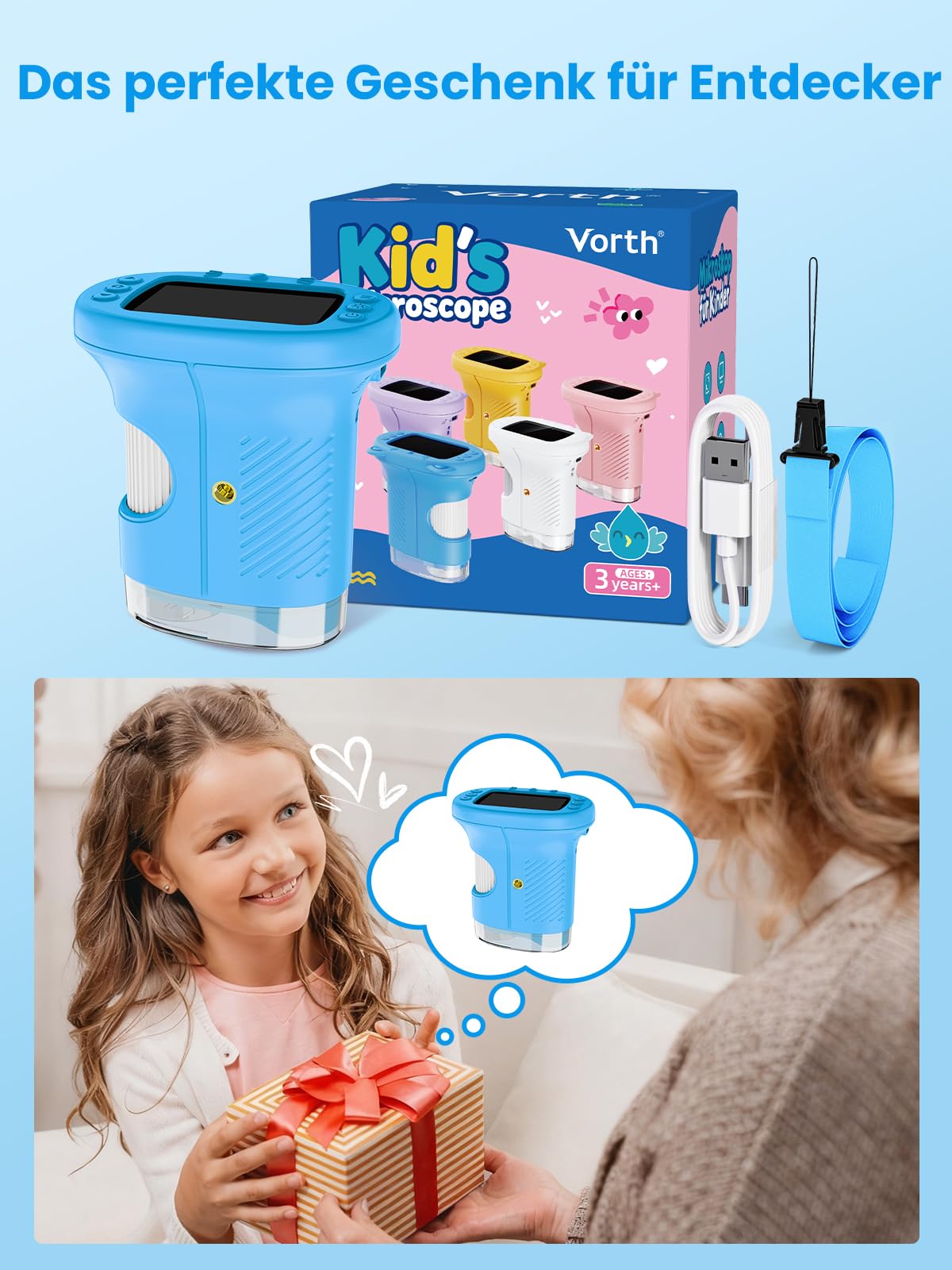 Mikroskop für Kinder Lupe, 2.4" Größer IPS Bildschirm Digitales Tragbares Taschenmikroskop mit 1000-facher Vergrößerung, Handy Experimente Kindermikroskop Spielzeug ab 3 Jahren - Blau
