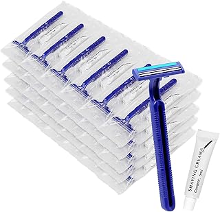 Disposable Razors in Bulk, Bulk Razors with Knife Cap, Individually Packaged Disposable Razors Bulk with Shaving Cream for Hotels, Nursing Homes, Shelters, Homeless, Charities, Blue ( pack-50)