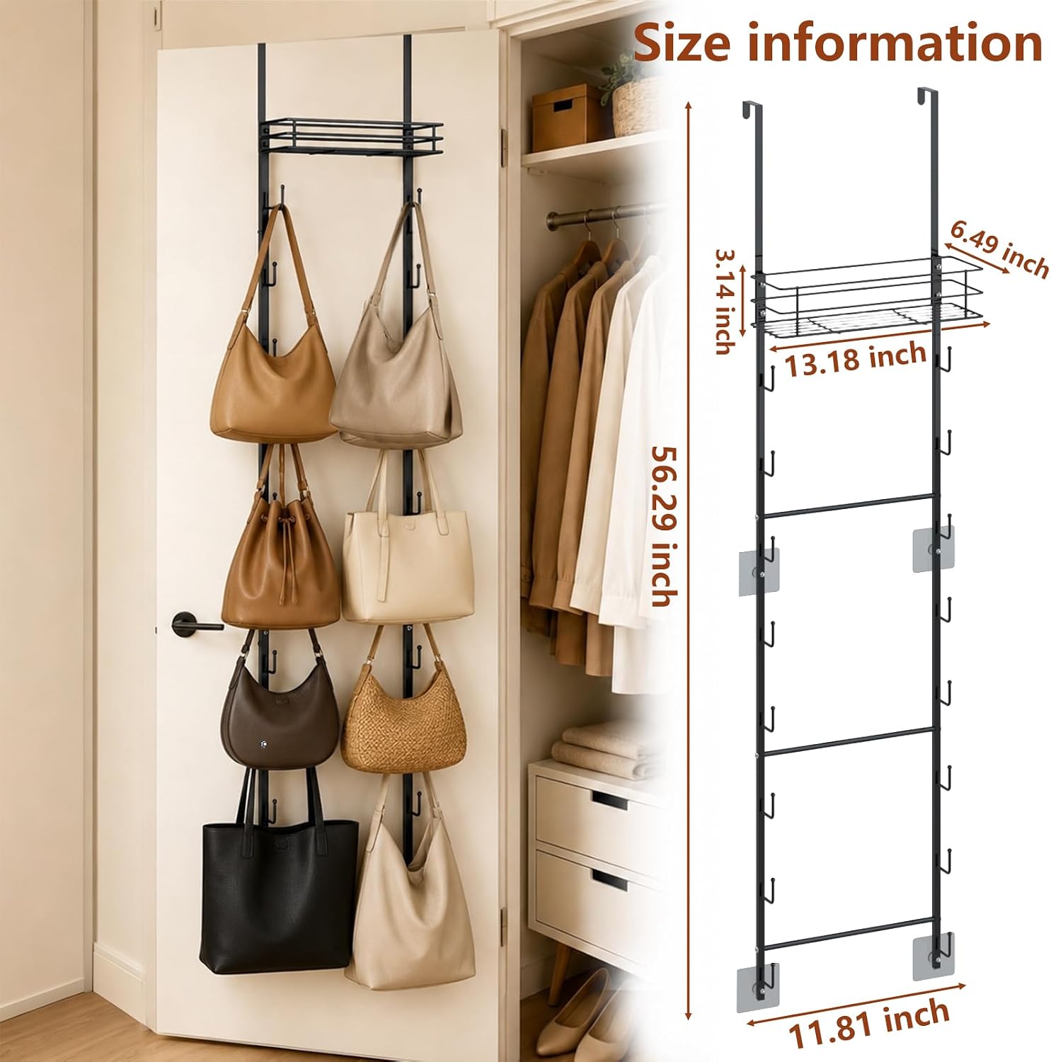 Over The Door Purse Organizer Black, Metal Hanging Handbag Storage with 16 Hooks & Metal Frame Basket, Wall Mounted Bag Holder Can Use As 1/2 Part for Closet Door Bedroom Entryway