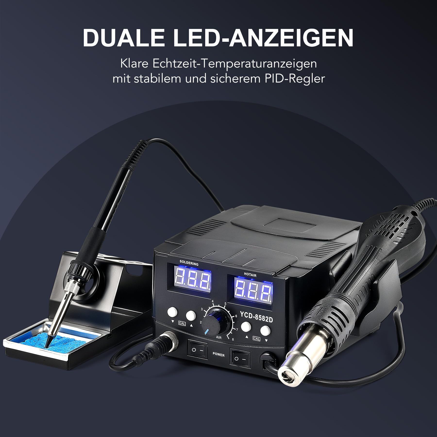 CREWORKS Heißluftlötstation 2IN1 SMD Entlötstation Heißluft Lötstation Entlötstation 750W Heißluftgebläse 75W Lötkolbenleistung Lötkolben mit LED-Anzeige, Schlafmodus, Tempratur Einstellbar