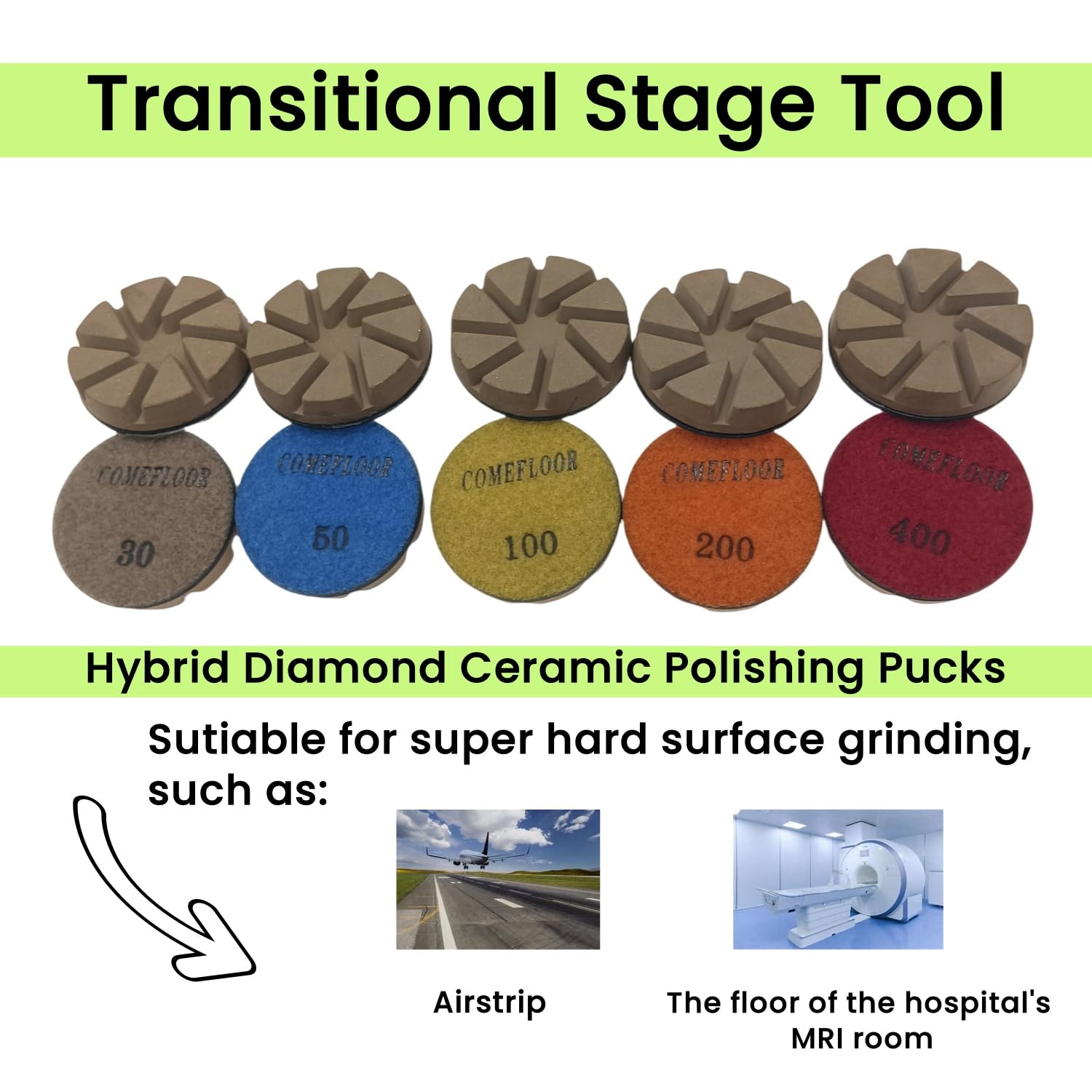 Hybrid Diamond Ceramic Polishing Pucks, Aggressive Concrete Terrazzo Floor Hook n Loop Grinding Pads, 3 Inch Long Using Life Transitional Discs,100# 9PCS