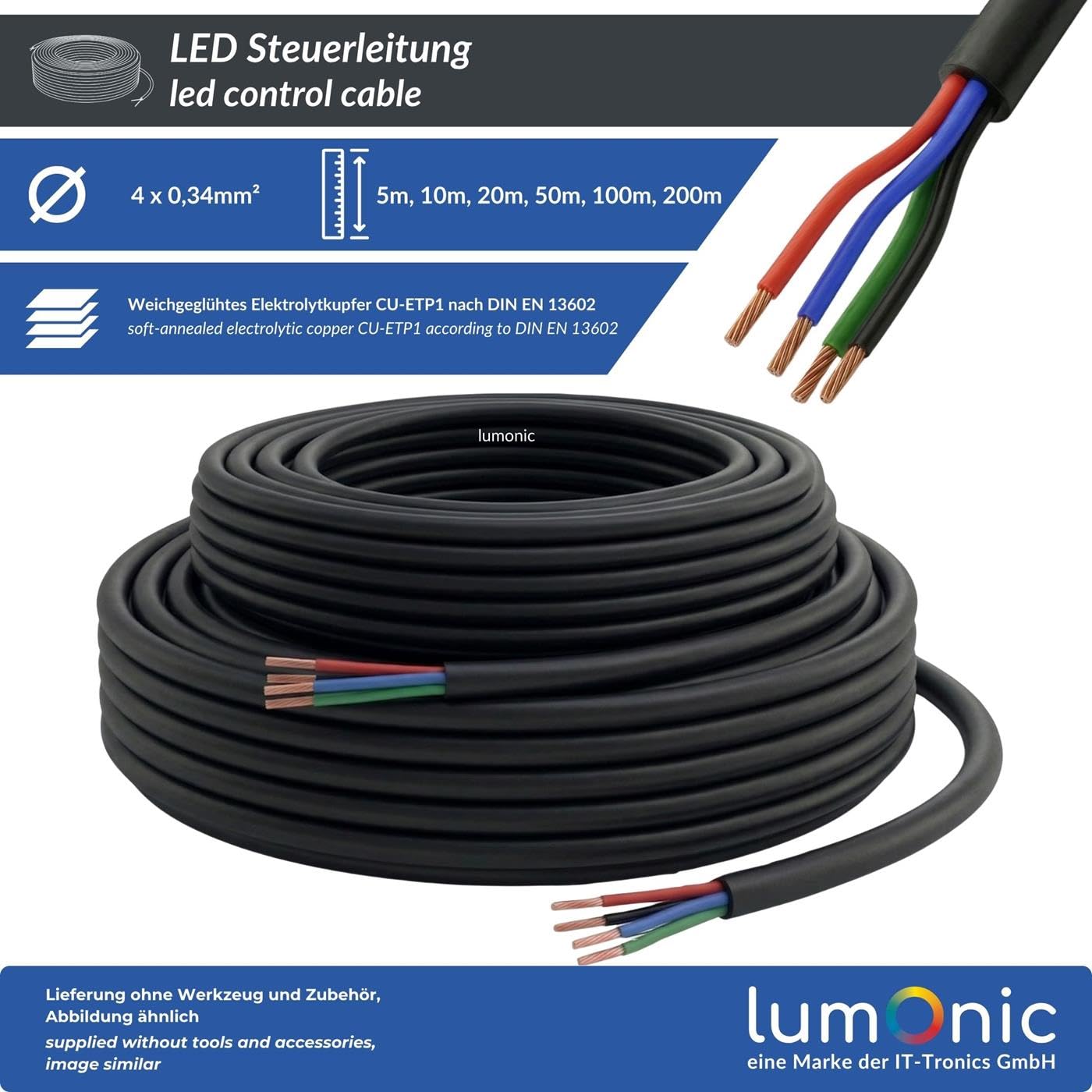 Lumonic 4x0,34mm² RGB LED Linea di controllo nero 20m | cavo flessibile a 4 conduttori con guaina | LiYY Estensione, Cavo di alimentazione, Linea di alimentazione LED, Cavo di controllo