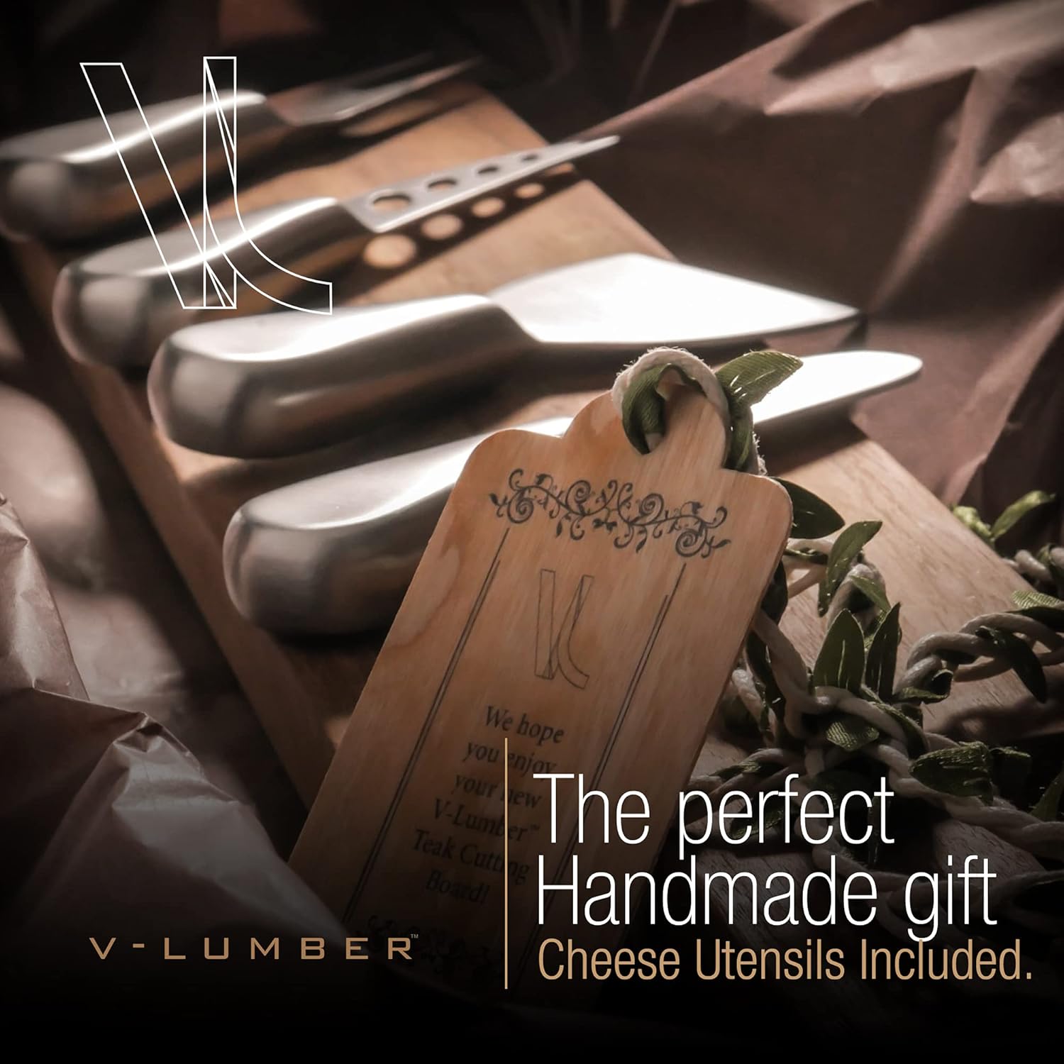 Cheeseboard gift set by V-Lumber -Unique Cheese board and knife set, includes long charcuterie board and 4 cheese utensils. A Gorgeous gift for any event., Brown, 16 in with free knife