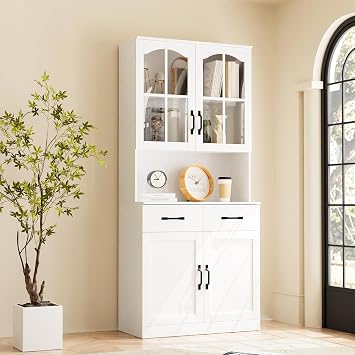 TUSY 71" Tall Bookcase with Curved Glass Door, 6-Tier Modern Bookshelf with Drawer, 23.6" Wide Storage Cabinet with Countertop, Kitchen Pantry Set for Kitchen, Living Room C