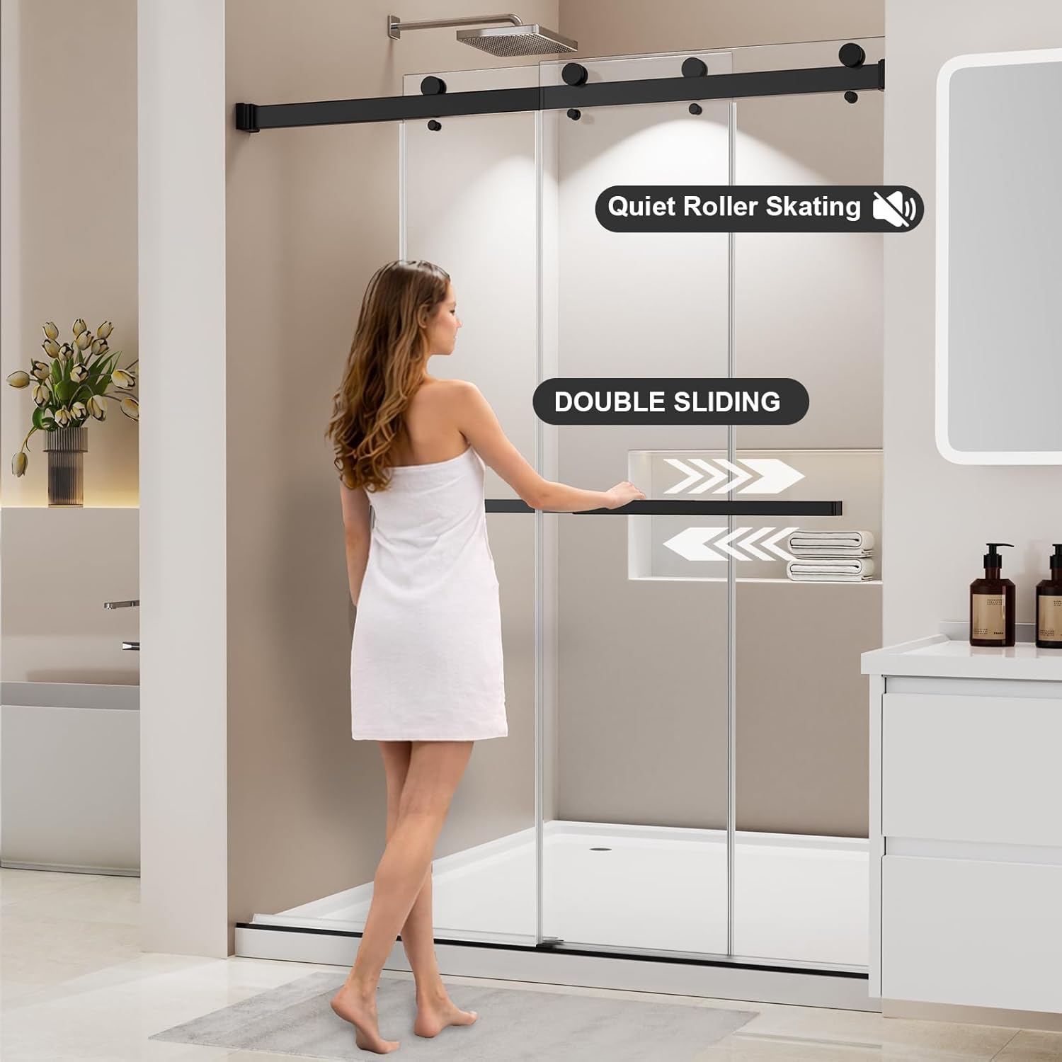 Frameless Stainless Steel Sliding Shower Door, 56-60" W x 72" H - 1/4” (6mm) Thick Tempered Glass Rust-Proof Glass Shower Door with Dual Tracks in Matte Black