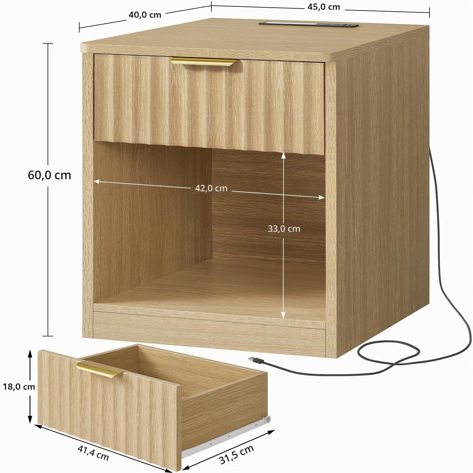 TEENFON Juego de 2 Mesitas de Noche Acanaladas con Enchufe y USB, Mesa Auxiliar con Luz LED, 1 Cajón y Compartimento Abierto, para Dormitorio, Madera Natural