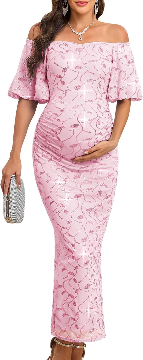 Maternity Off The Shoulder Sequin Maxi Dress Elegant Ruched Bodycon Formal Evening Gown for Baby Shower Photoshoot