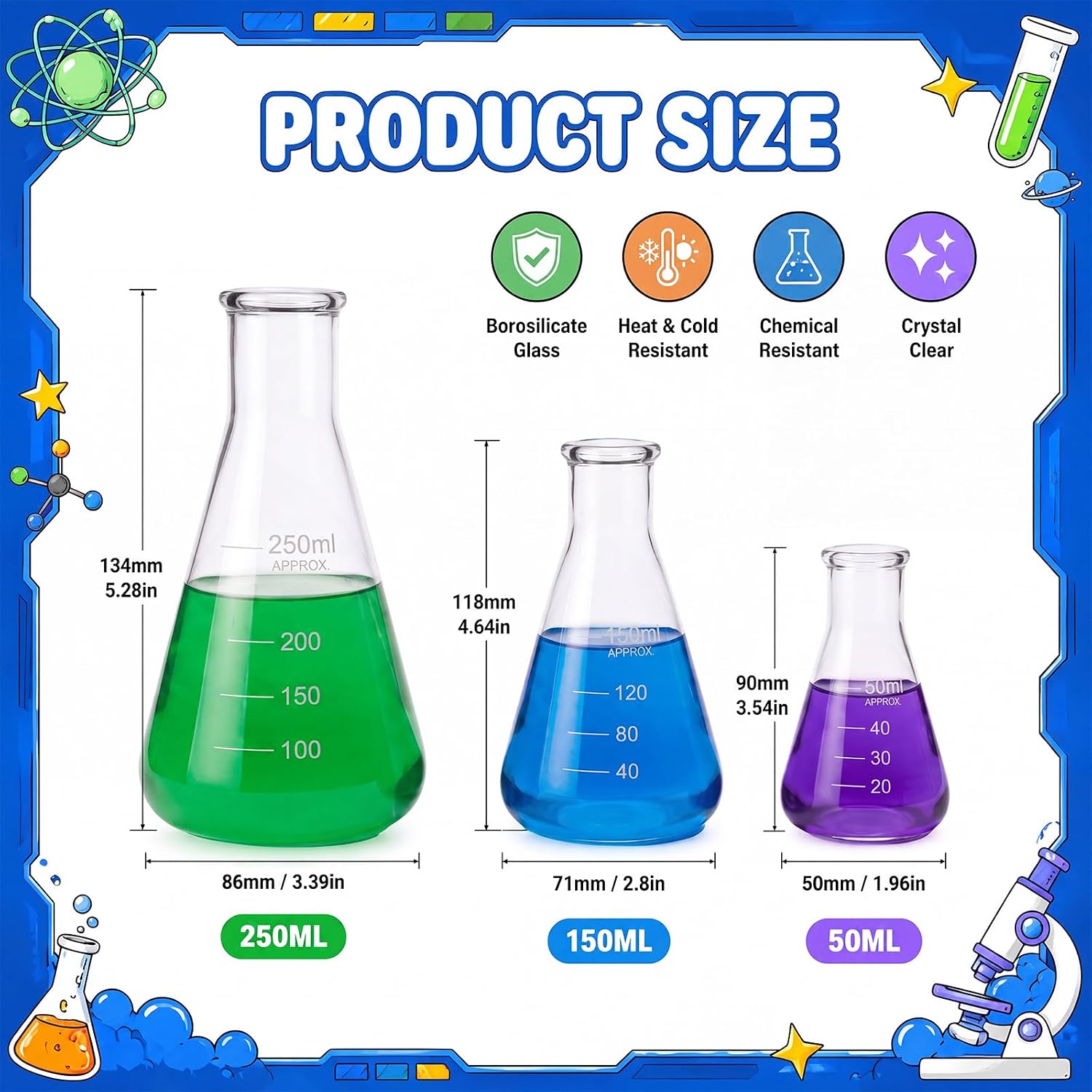 Kingdder 3-piece Glass Erlenmeyer Flask Halloween Mad Scientist Decorations