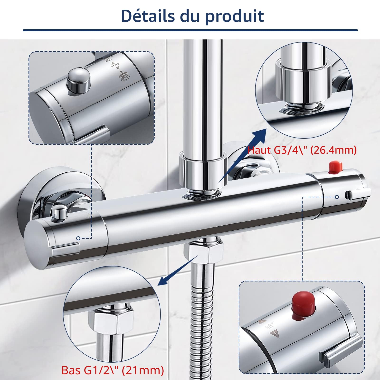 Robinet de douche avec thermostat, 2 sorties, mitigeur de douche, robinet de douche supérieur 3/4" BSP (26,4 mm) + bas 1/2" BSP (21 mm), laiton, anti-brûlure, thermostat de douche chromé