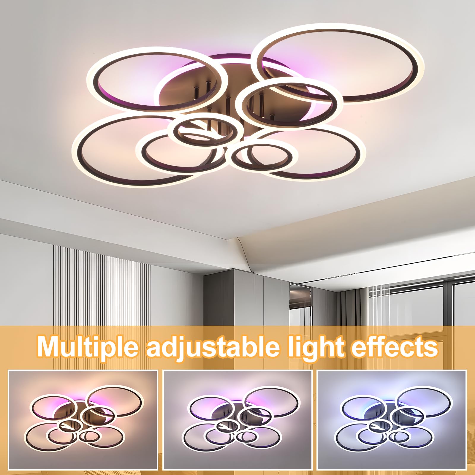 LED Deckenleuchte Schwarz 80W,8-Ringe Deckenlampe Dimmbar | 3000-6000K Moderne Wohnzimmer Deckenleuchte mit Fernbedienung und Memory Funktion,105×85cm für Schlafzimmer Küche Flur