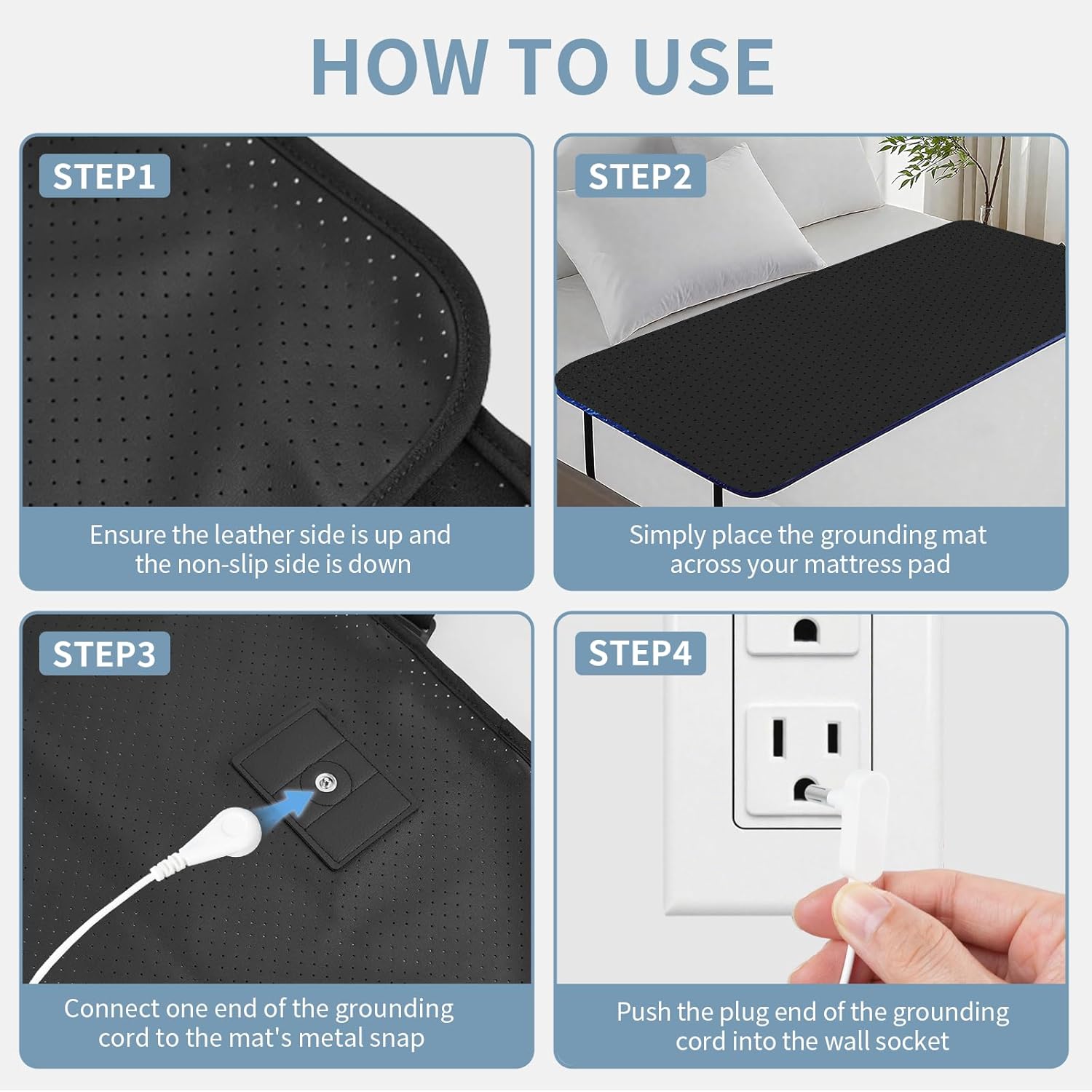 Grounding Mat for Bed, Conductive Earthing Mat for Improve Sleep, Relieve Stress, Premium PU Leather Anti-Slip Grounding Pad with Grounding Cord, 27" * 76", Black