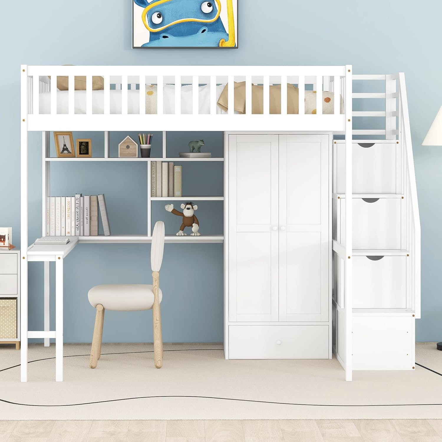 RUNNA Multifunctional Wood Full Size Loft Bed with Built-in Desk,Bookshelf and Wardrobe,Drawers and Storage Stairs,for Kids Boys Girls Teens Adults Bedroom (White@Q)