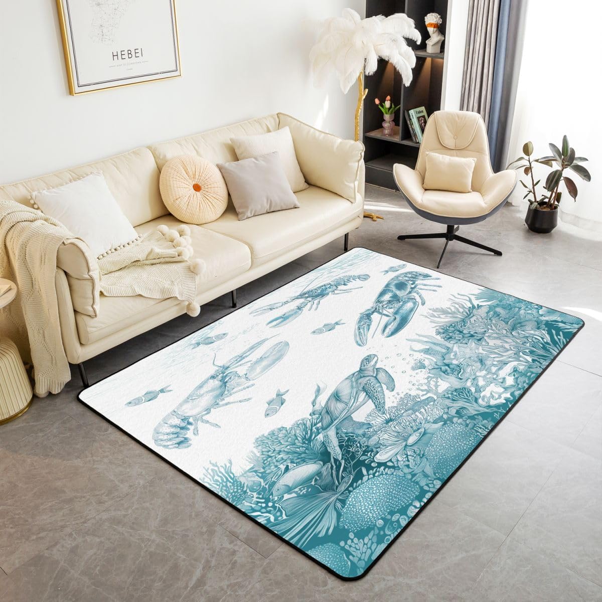 Erosebridal Lobster Area Rug 3x5 Sea Turtle Living Room Rug Non Slip Teal White Ocean Beach Coastal Carpet for Bedroom Kitchen Nautical Marine Animals Indoor Floor Mat Non Slip