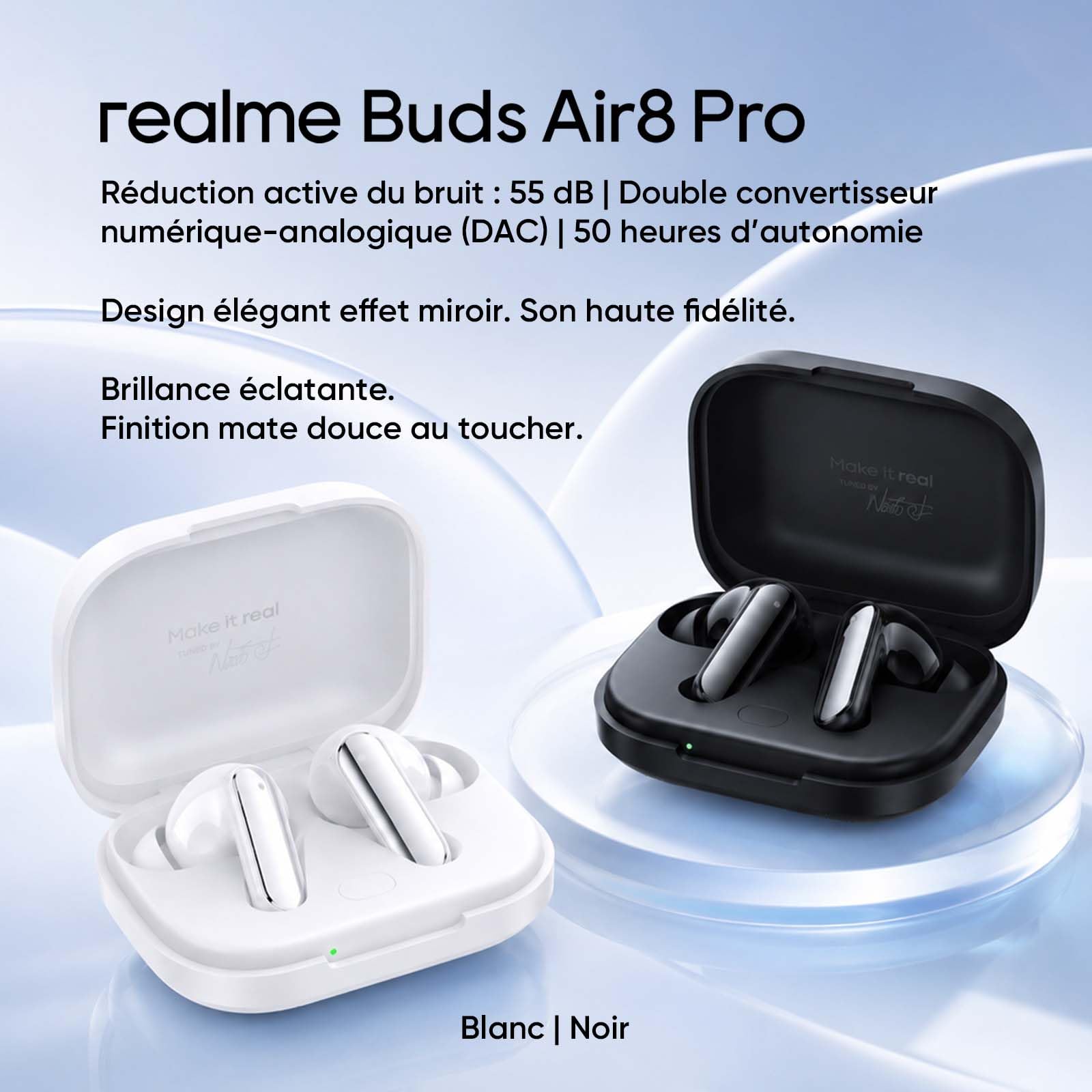 realme Buds Air 8 Pro Écouteurs Bluetooth sans Fil, Adaptative 55dB, Haut-parleurs 11mm+6mm Double DAC, Autonomie 50H, LHDC, Hi-Res Audio, Bluetooth 6.1, Réduction Bruits Appels IA, IP55, Noir