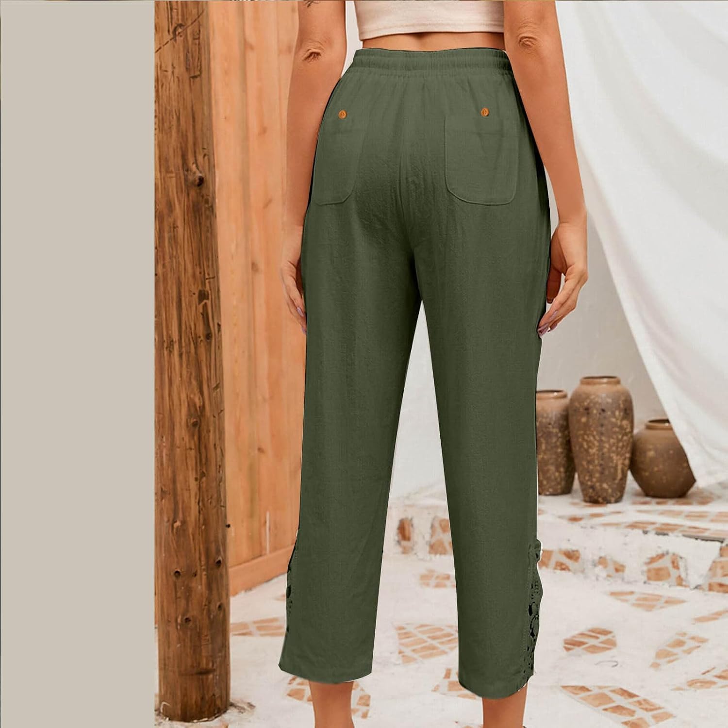 Womens Cotton Linen Pants Casual Lightweight Drawstring Elastic Waist Trousers Summer Straight Cropped Slacks Clothes