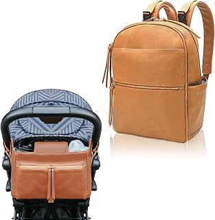 MOMINSIDE Diaper Bag Backpack, Stroller Organizer Stroller Accessories, Leather Baby Bag with 6 Insulated Pockets for Mom Dad, Baby Registry Search, Changing Station, Stroller Straps, Large Capacity