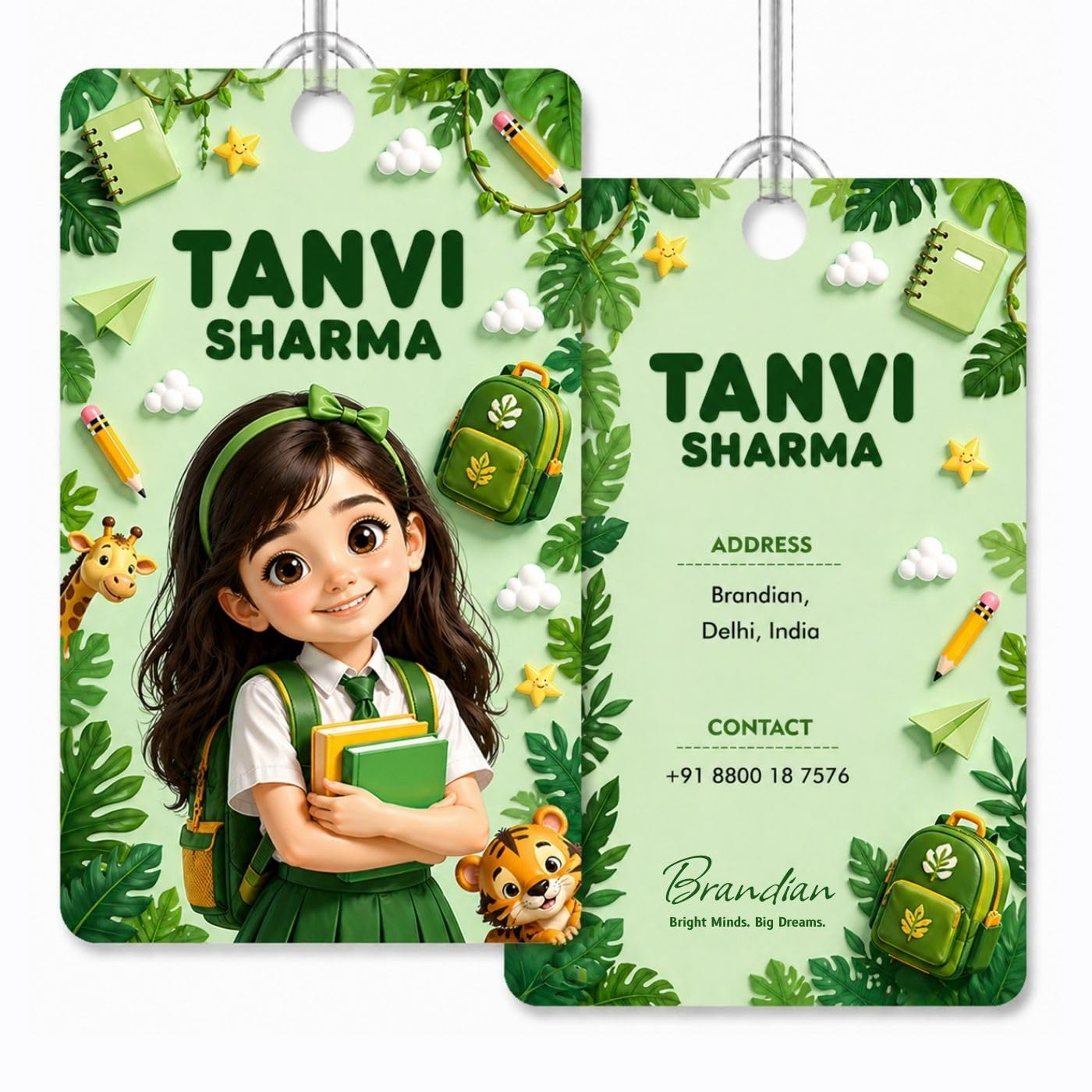 (Pack of 2) Brandian Personalized Bag Tags for Kids – Jungle Theme | Custom Name, Photo & Contact Info | School Bag, Travel, Luggage, Backpack ID Labels | Durable with Silicone Loop-image-1