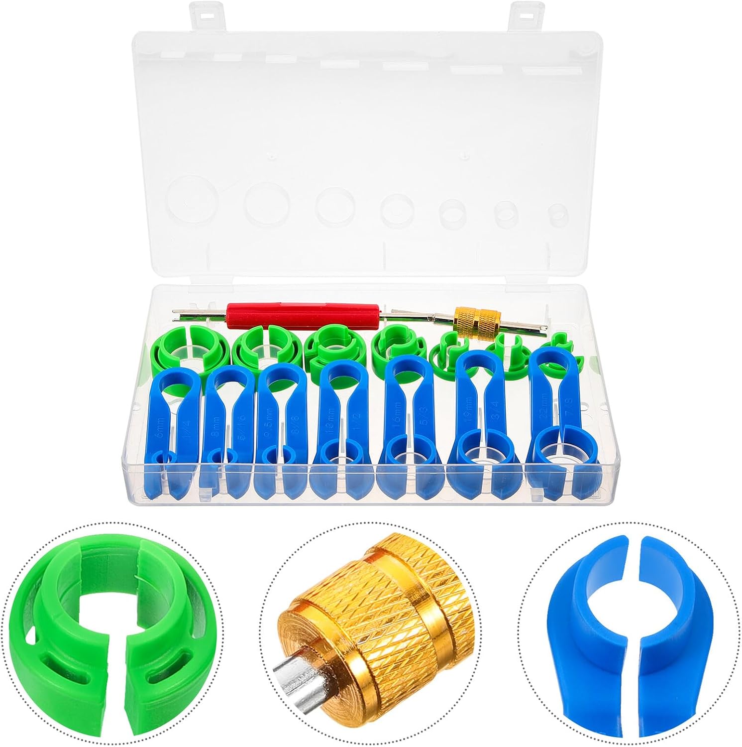 UKCOCO 16pcs Fuel Line Disconnect Tool Kit with Transmission Oil Cooler Line Remover and Valve Core Remover in Green Plastic Case for Automotive Air Conditioning and Vehicle Repair