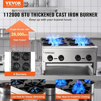 VEVOR Commercial Gas Stove with 4 Burners, Propane and Natural Gas Countertop Cooking Stove Range, Stainless Steel Gas Hot Plate, Commercial Cooking Equipment for Restaurant, 112,000 BTU