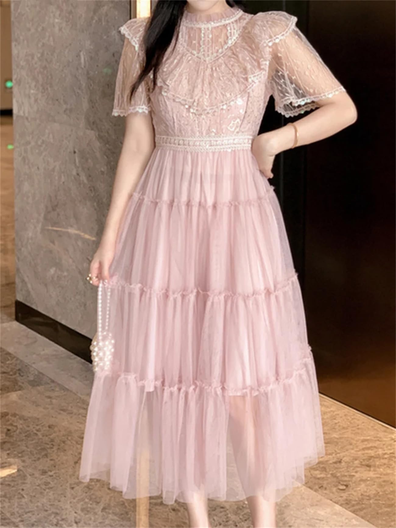 Yeuyyben Vestito da donna elegante con paillettes francese O collo manica corta vita pizzo Mesh abiti per donna