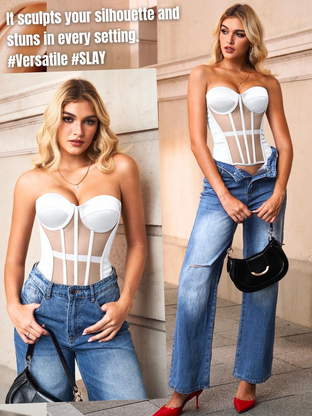 Kaei&Shi Women's Strapless Corset Top, Underwire Mesh Bustier Shapewear