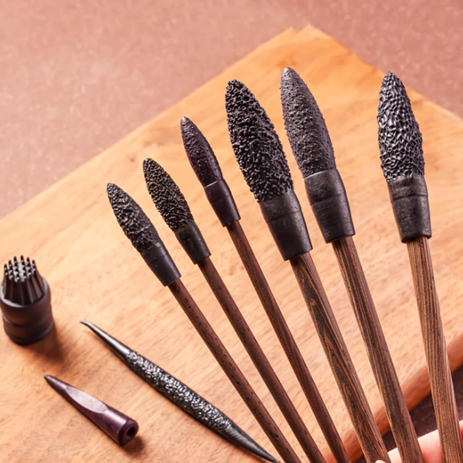 9 Pcs Clay Texture Tool Set, Wood-Handle Dough Sculpture Texturing Brushes, Resin Material, for Polymer Clay, Soft Pottery & Dough Figurine Crafting