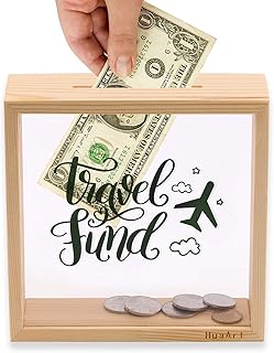 HuaArt Piggy Banks for Adultsï¼ŒDecorative Shadow Box Wooden Frameï¼ŒCoin Bank Money Bankï¼ŒSized 6.5x6.5x2 Inchï¼ŒNatural Wood Money Boxï¼ŒTravel Fund Printed on The Plexiglass Front.