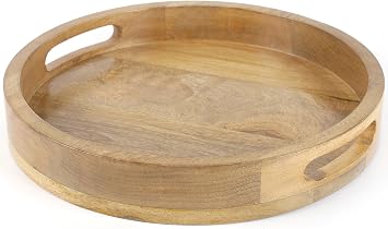 Rustic Wooden Serving Tray - 12 Inches Round Wood Tray for Table Decor, Coffee Table Ottoman, Large Serving Platter for Breakfast in Bed Natural - CLEENTABLE