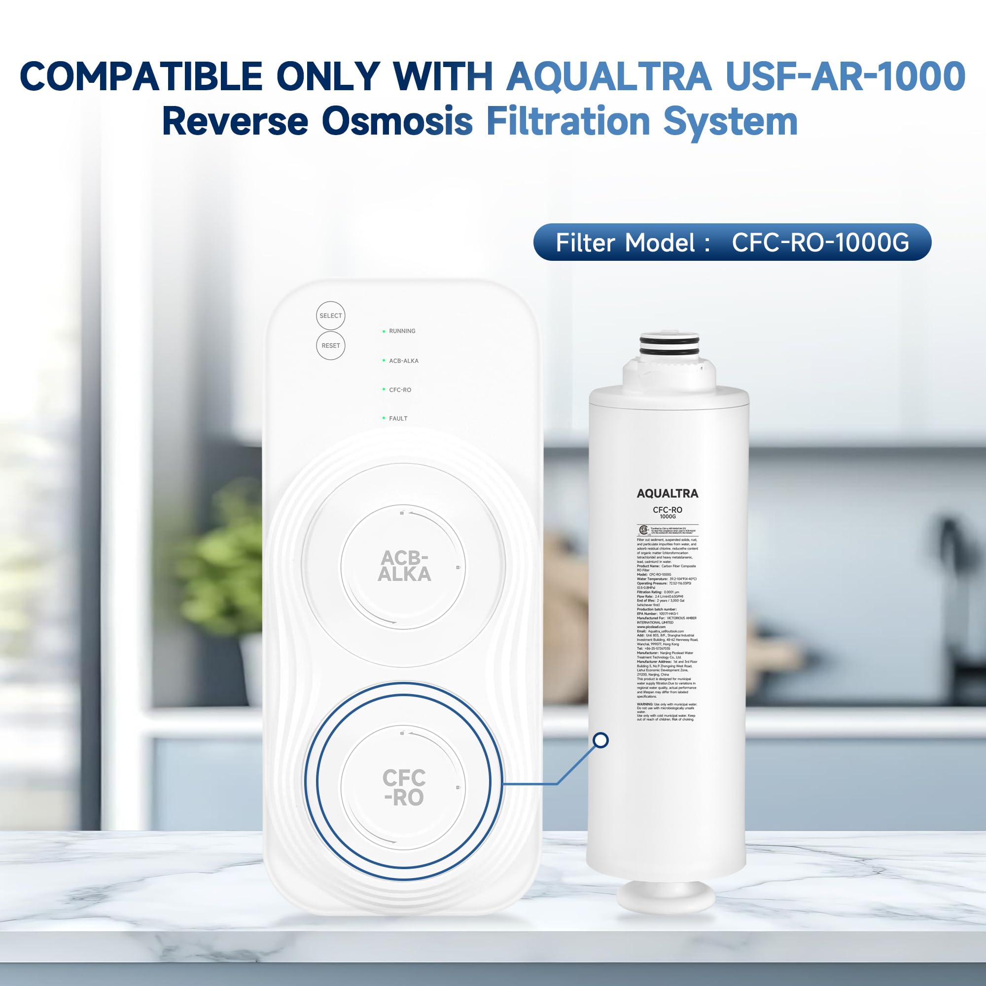 AQUALTRA CFC-RO-1000G Filtro RO repuesto para USF-AR-1000 Sistema de ósmosis inversa bajo fregadero, vida útil 24–36 meses – alto caudal 1000 GPD, relación 3:1 ahorradora de agua, elimina hasta el 99%