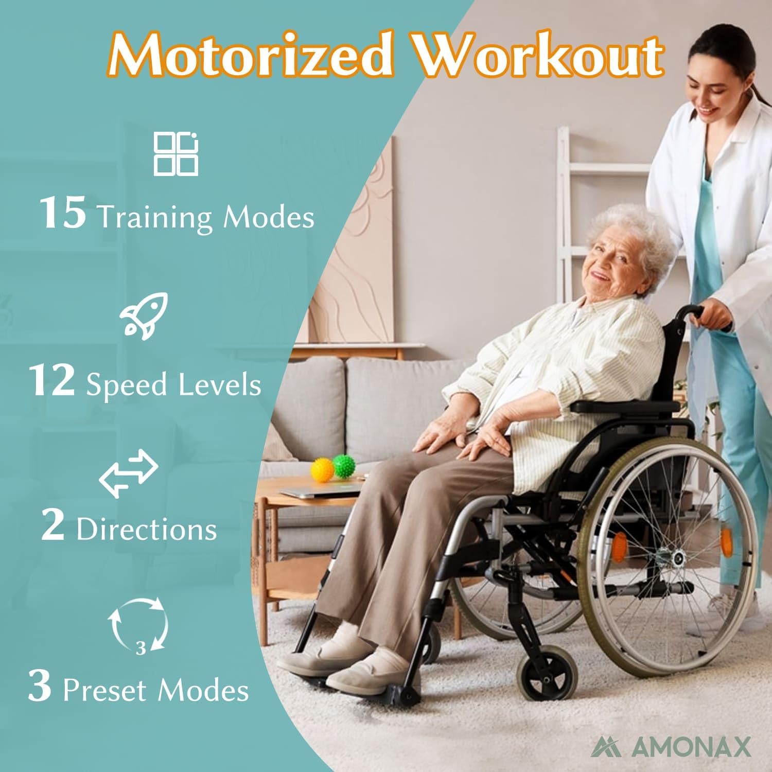 Image showing a list of features: 15 Training Modes, 12 Speed Levels, 2 Directions, 3 Preset Modes, with an elderly woman in a wheelchair being assisted by a caregiver in the background.