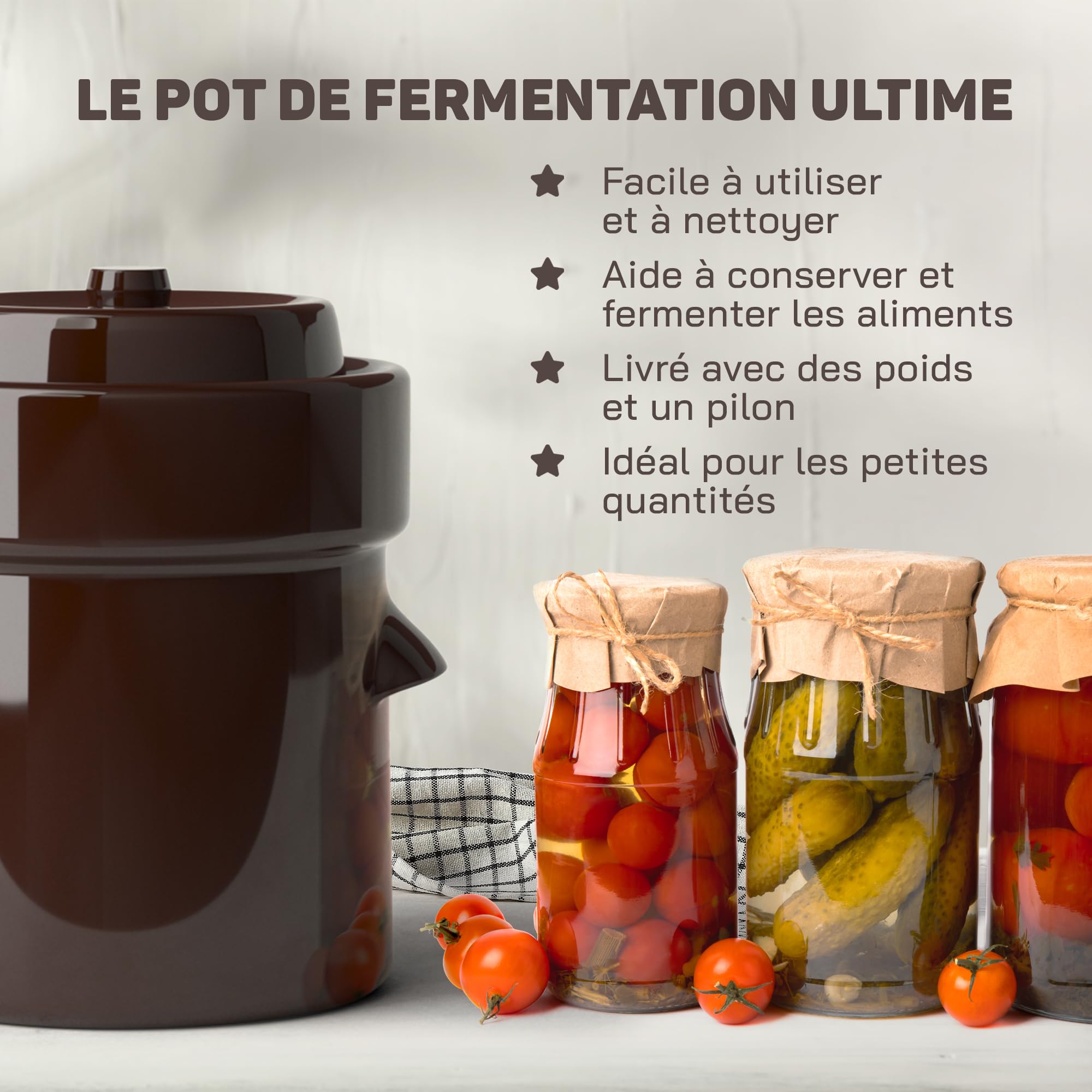 Kenley Pot de Fermentation 2 Litres - Jarre en Grès pour Fermenter ou Mariner Kimchi, Choucroute, Cornichons, Légumes, Kombucha - Fermenteur en Céramique avec Poids, Couvercle & Pilon