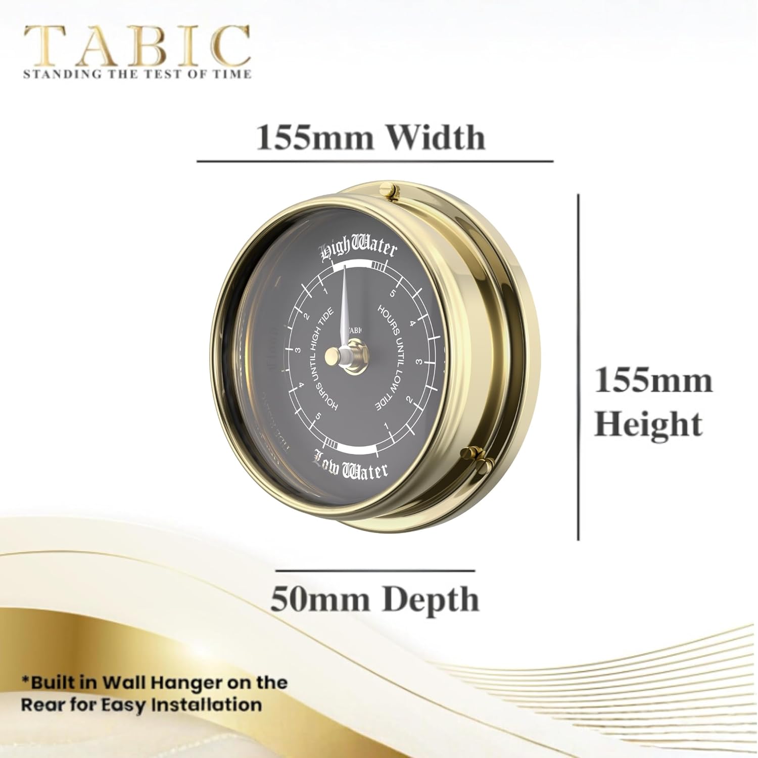 Tide Wall Clock with Jet Black Dial - Exquisite Handcrafted Nautical Timepiece for Beach Enthusiasts - Traditional Marine Design, Heavy 1/2kg Brass Case - Handmade in England