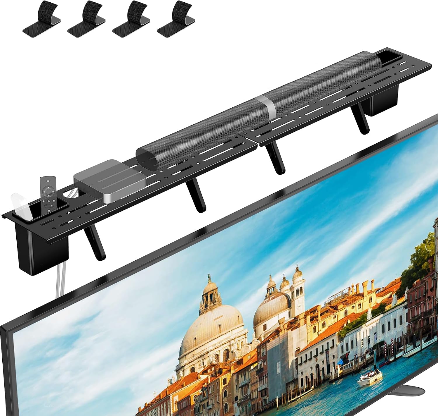 Universal Soundbar Mount - No Drilling Required Space-Saving TV Top Shelf Steel Frame Fits Most Soundbars Up to 15 lbs Compatible with Samsung, Sony, LG, Bose,34.65x4.33inch,(with 2 Storage Box)
