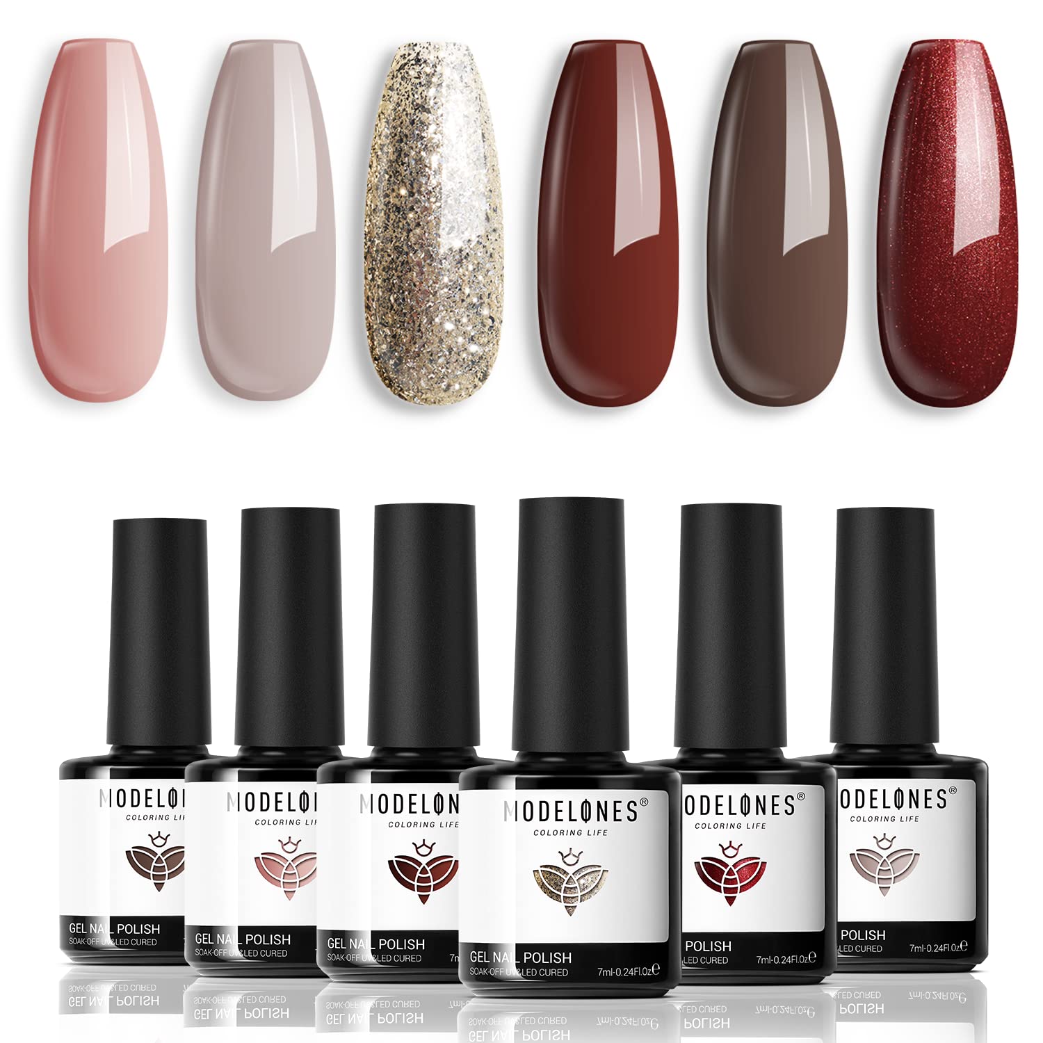 modelones Holiday Gel Nail Polish Set, 6 Colors Brown Dark Red Gel Polish Kit Glitter Champagne Gold Nude Pink Grey Nail Polish Gel, Soak OFF LED Manicure Nail Art DIY Home Salon Gift for Women