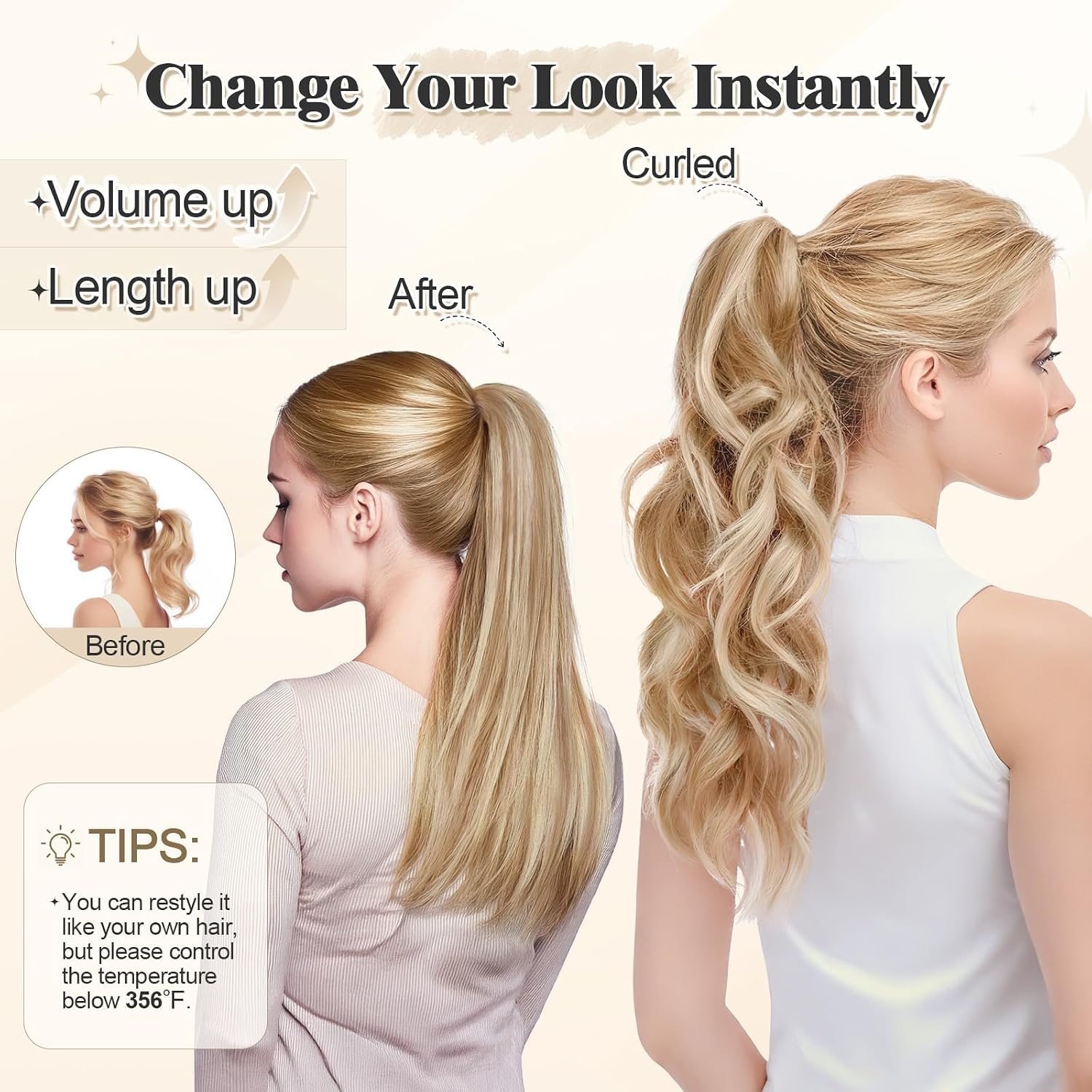 SEGOHAIR Ponytail Extension for Women, Human Hair, Claw Clip, Natural Look, Soft, Ideal for Dates, Weddings, Parties, Gifts - 16 Inches, 109g, #Ash Blonde Mix Bleach Blonde