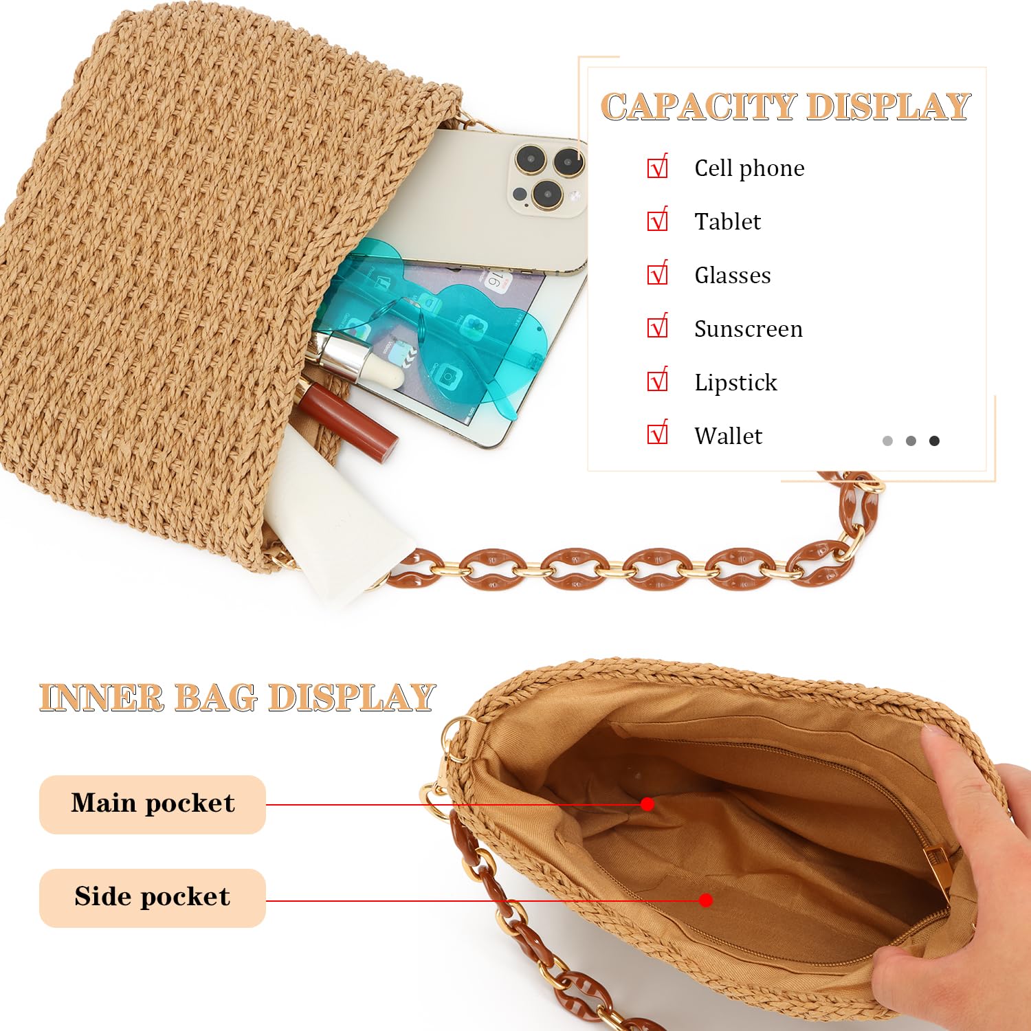 SUKUTU Borsa a Tracolla in paglia Intrecciata per Donne Borsa estiva da Spiaggia Borsetta Crossbody Satchel a Catena