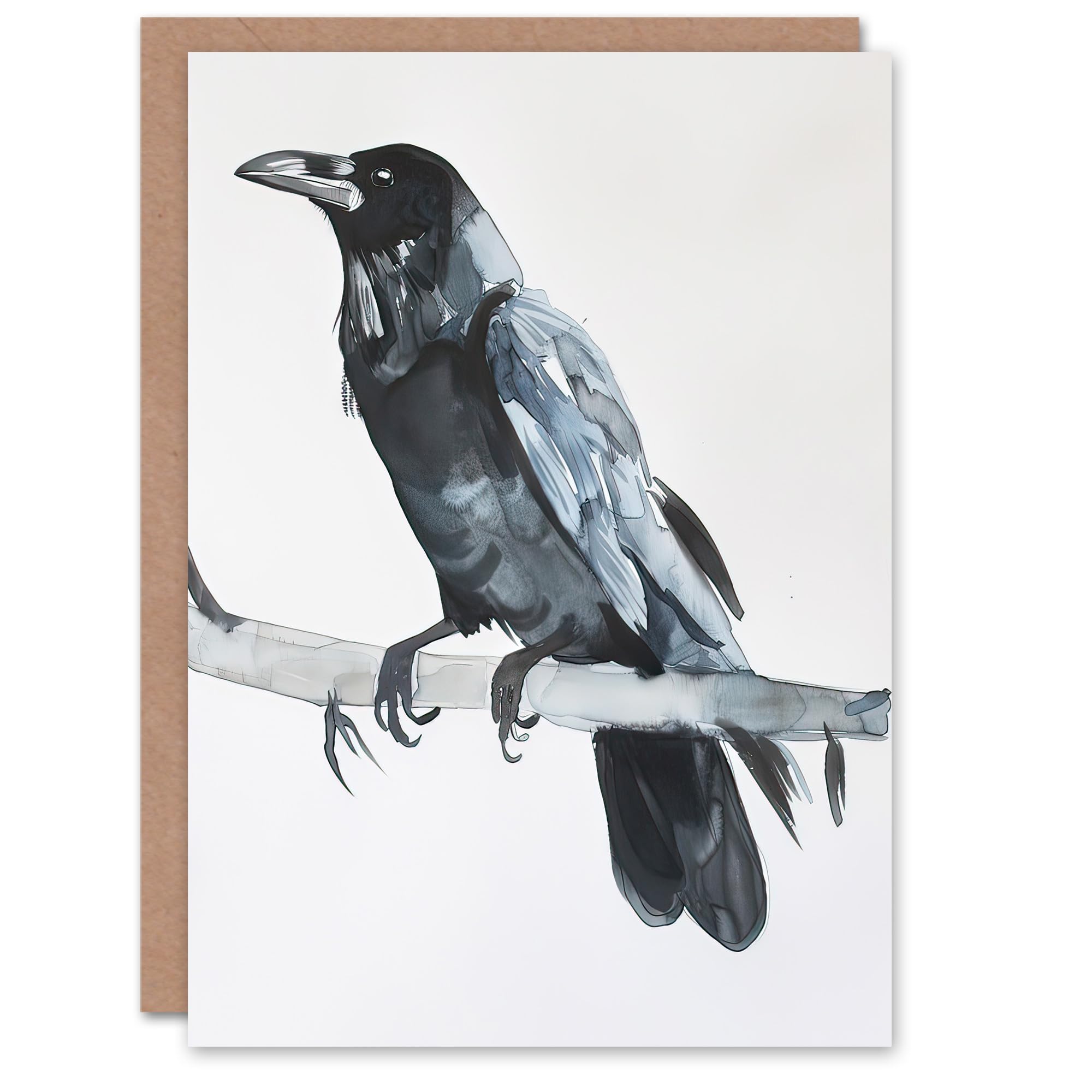 Artery8 Greeting Card Raven Bird on Tree Branch Bright Watercolour Blank For Him Or Her Art Birthday Card