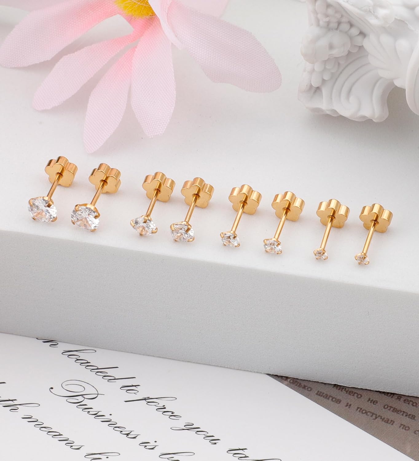 4Pairs Flat Back Cubic Zirconia Earrings Studs for Women 14K Gold CZ Small Flatback Cartilage Earrings Hypoallergenic Screw Back Nap Earrings Handmade Helix Piercing 2-9mm - Image 6