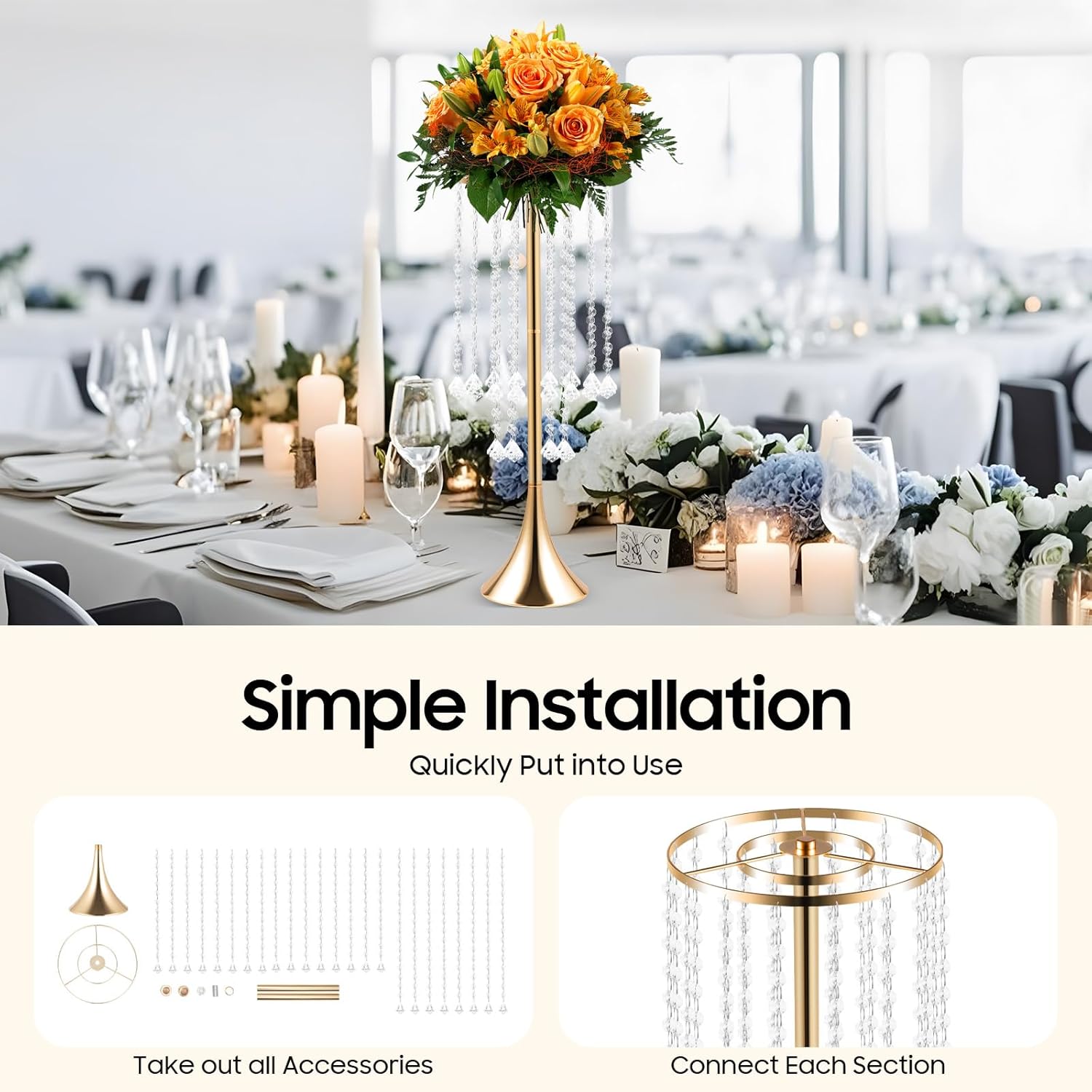 10 Pack 21.9"/55.6cm Tall Crystal Beaded Flower Stands, Metal Wedding Centerpiece Vases for Table/Aisle Decor - Reusable Event Centerpieces for Home, Party, Hotel (Gold)