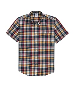 Cotton Madras Polo Button-Down Collar, Short-Sleeve Shirt: Navy / Yellow 330002186 Cotton Madras Polo Button-Down Collar, Short-Sleeve Shirt: Navy / Yellow 330002186