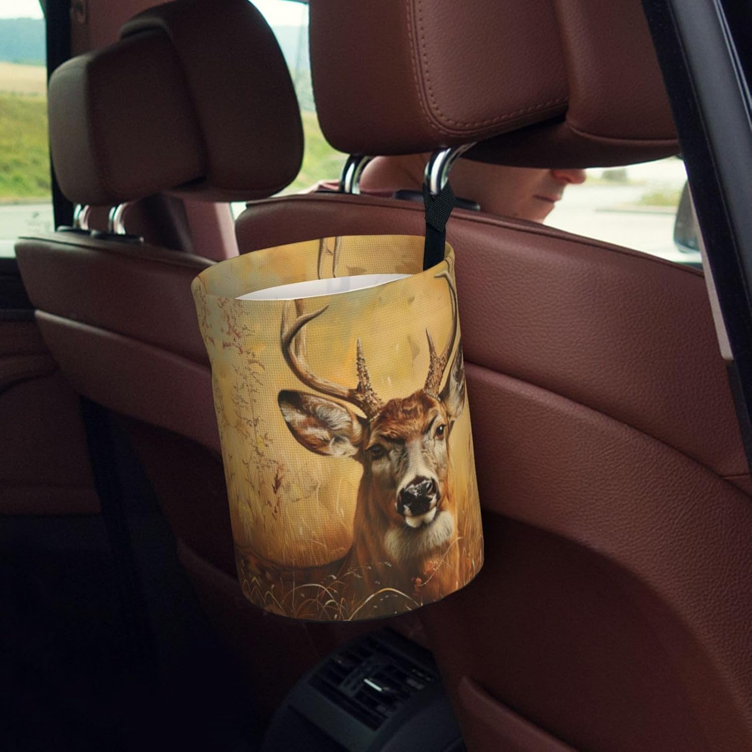 Wild Deer Print Collapsible Leakproof Car Trash Can,Car Storage Bag for Camping,Hanging Car Garbage Can