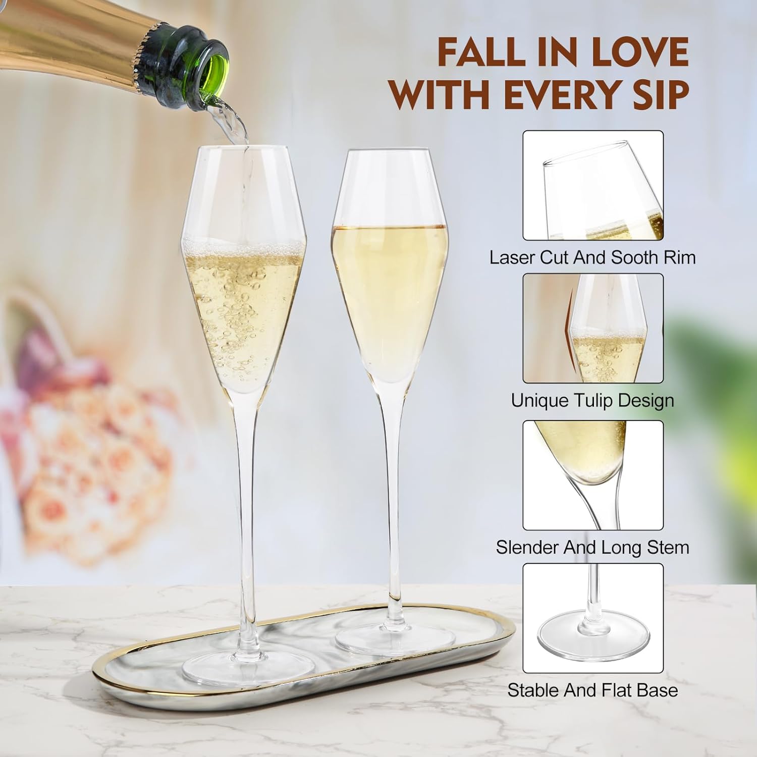 Champagne Flutes Glasses Set of 4, 8.4 oz Hand Blown Crystal Wedding Flutes, Elegant Tulip Glasses - Ideal Gift for Wedding, Anniversary,Christmas Day (4 Count (Pack of 1)) - Image 4