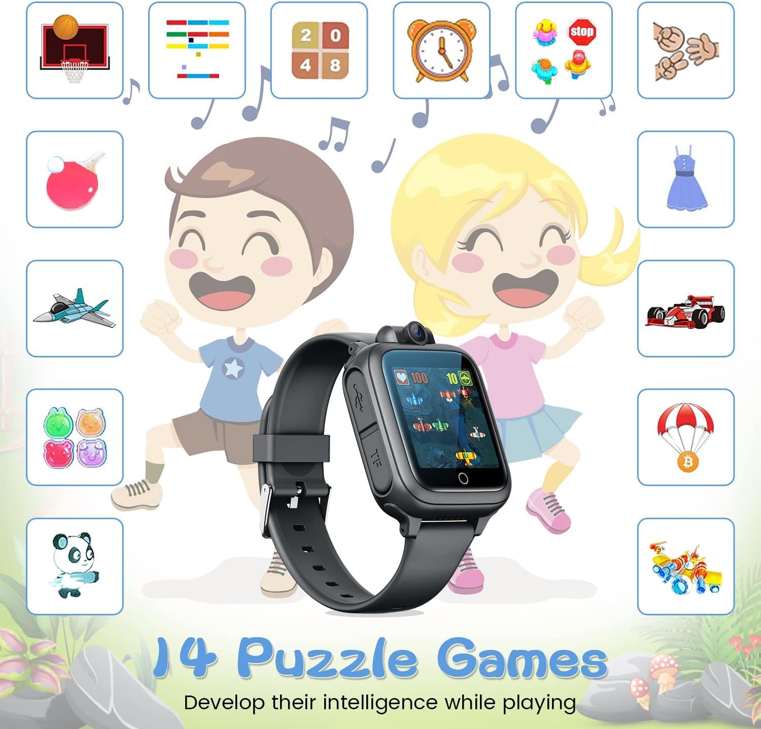 Awatty Smartwatch Kinder, Kinderuhr Jungen Mädchen, Kinderspielzeug 3 4 5 6 7 8 9 10 11 12 Jahre, Geburtstagsgeschenke, mit 90° drehbare Kamera, 14 Spiele, Musik, Wecker, Stoppuhr, Datum - Schwarz
