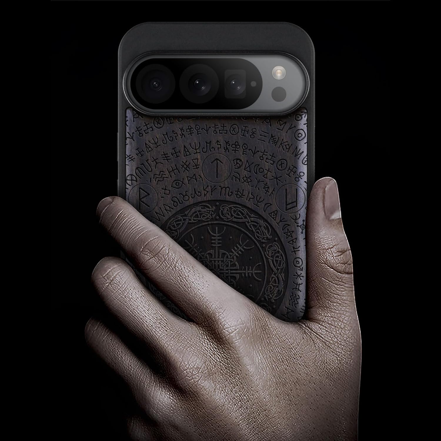 Carveit Wood Case for Pixel 9 Pro - Natural Wood & Black Soft TPU Shockproof Protective Cover - Unique Wooden Case - Compatible with Google Pixel 9 Pro (Viking Symbol-Blackwood)