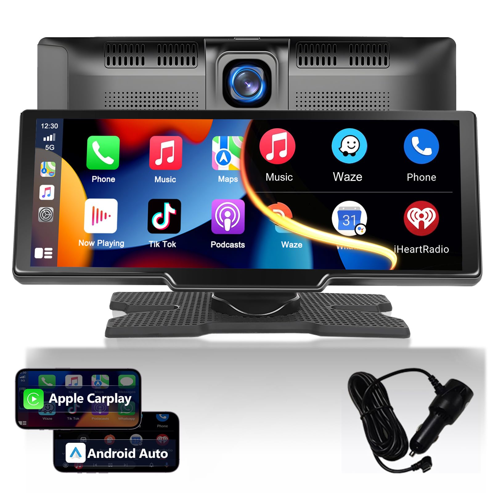 Podofo Wireless Carplay & Android Auto Portable Car Stereo Radio with 2.5K Dash Cam, 9.3 Inch Touch Screen Car Audio with Bluetooth, FM Transmitting, 2 Split Function, Loop Recording 7V-32V