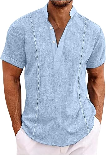 AMhomely Shirts for Men Adult Half Button Long Sleeve Top Men Plus Size Short Sleeve Beach Shirts Baggy Hawaiian V Neck Oversized Casual Pullover Plain Summer Tops Holiday